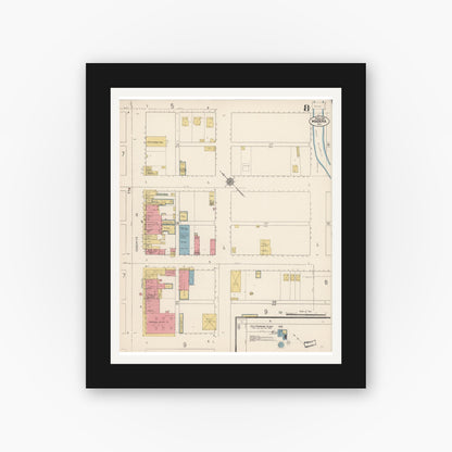 Old map wall art mockup — black gallery frame with white mat — Sanborn Fire Insurance Map from Madera, Madera County, California (1912), Sheet #0008