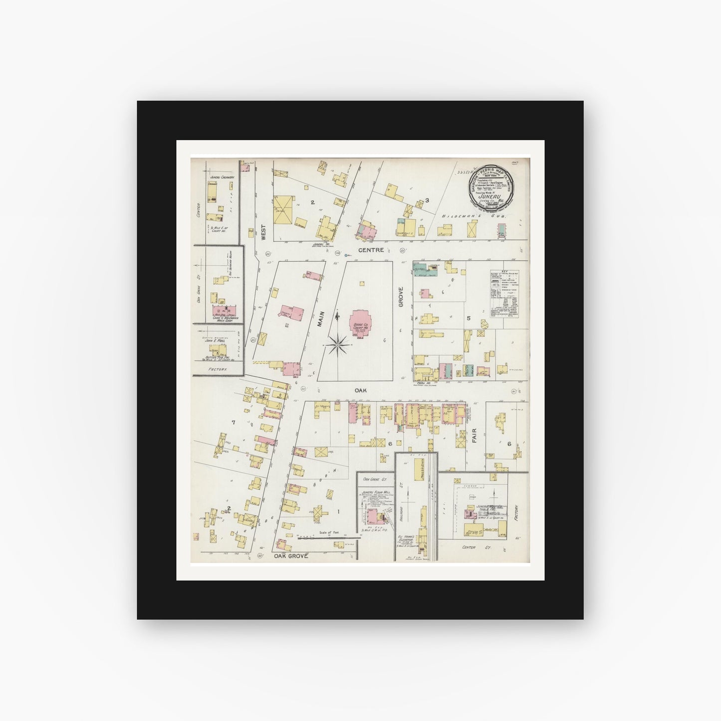 Old map wall art mockup — black gallery frame with white mat — Sanborn Fire Insurance Map from Juneau, Dodge County, Wisconsin (1892), Sheet #0001