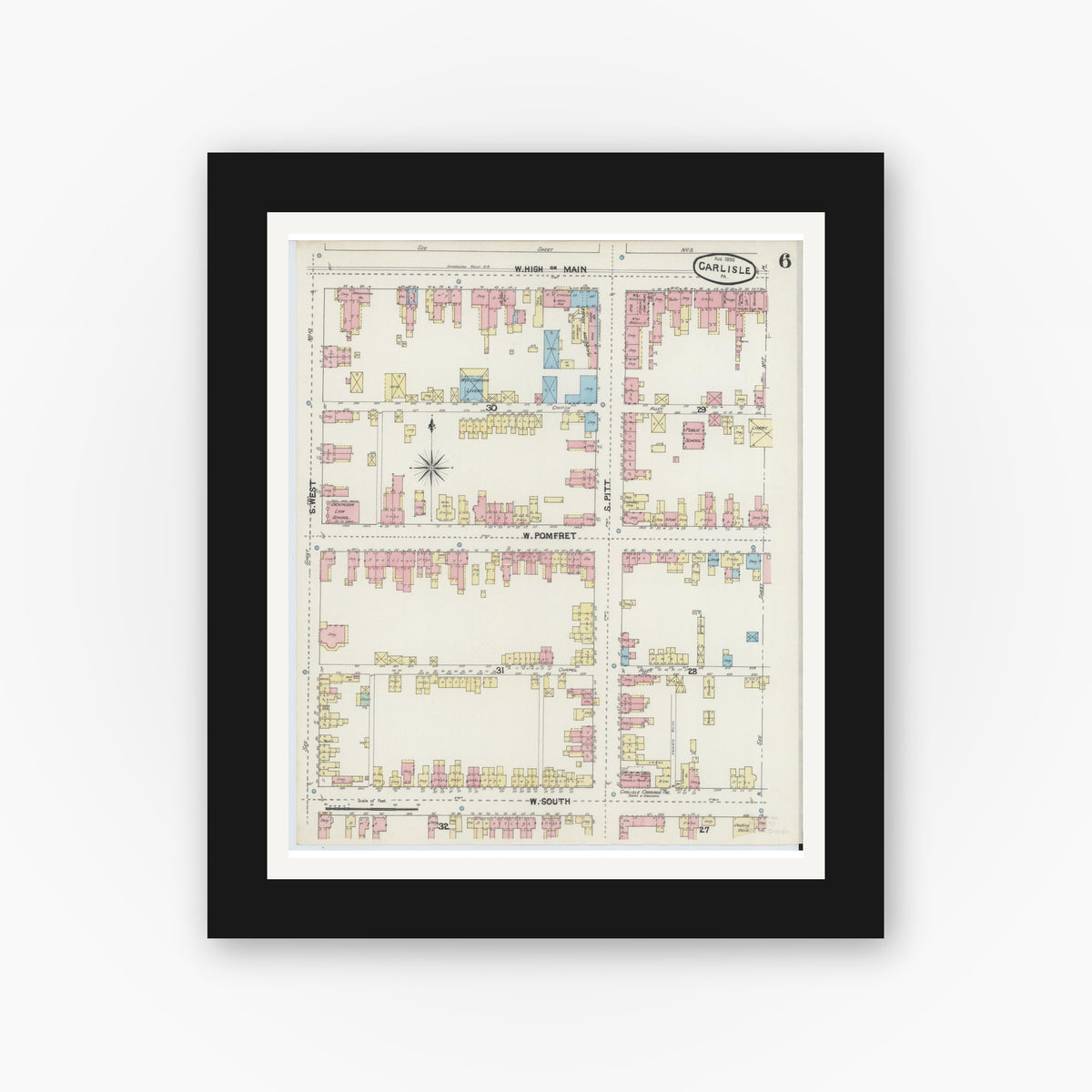 Old map wall art mockup — black gallery frame with white mat — Sanborn Fire Insurance Map from Carlisle, Cumberland County, Pennsylvania (1890), Sheet #0006