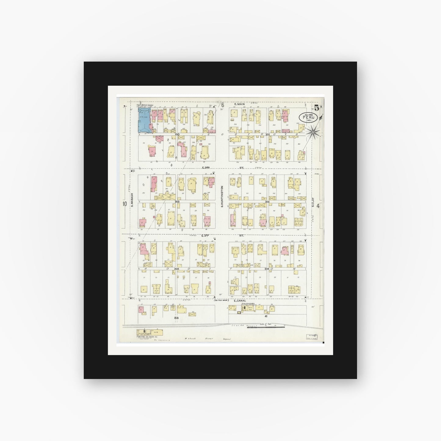 Old map wall art mockup — black gallery frame with white mat — Sanborn Fire Insurance Map from Peru, Miami County, Indiana (1906), Sheet #0005