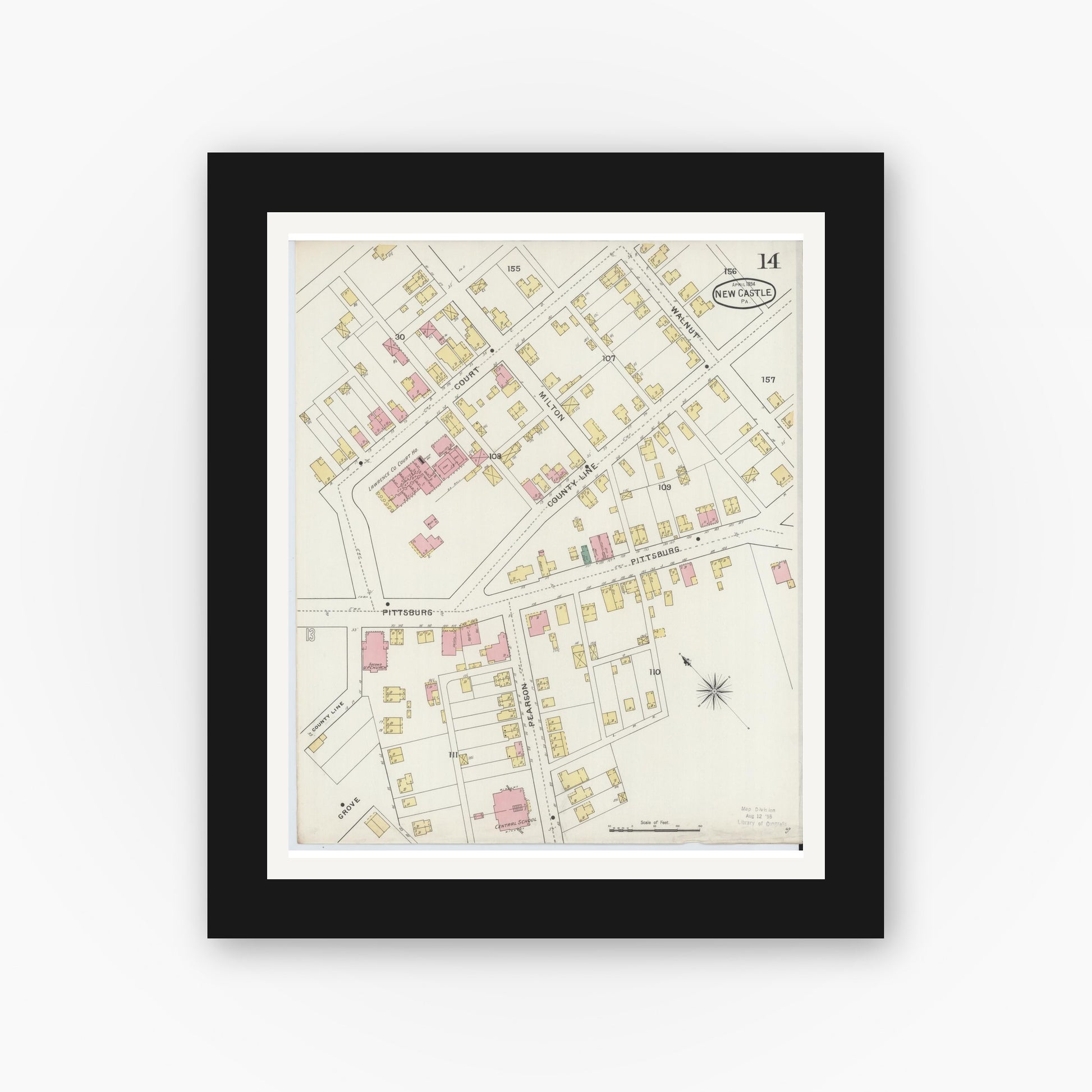 Old map wall art mockup — black gallery frame with white mat — Sanborn Fire Insurance Map from New Castle, Lawrence County, Pennsylvania (1894), Sheet #0014