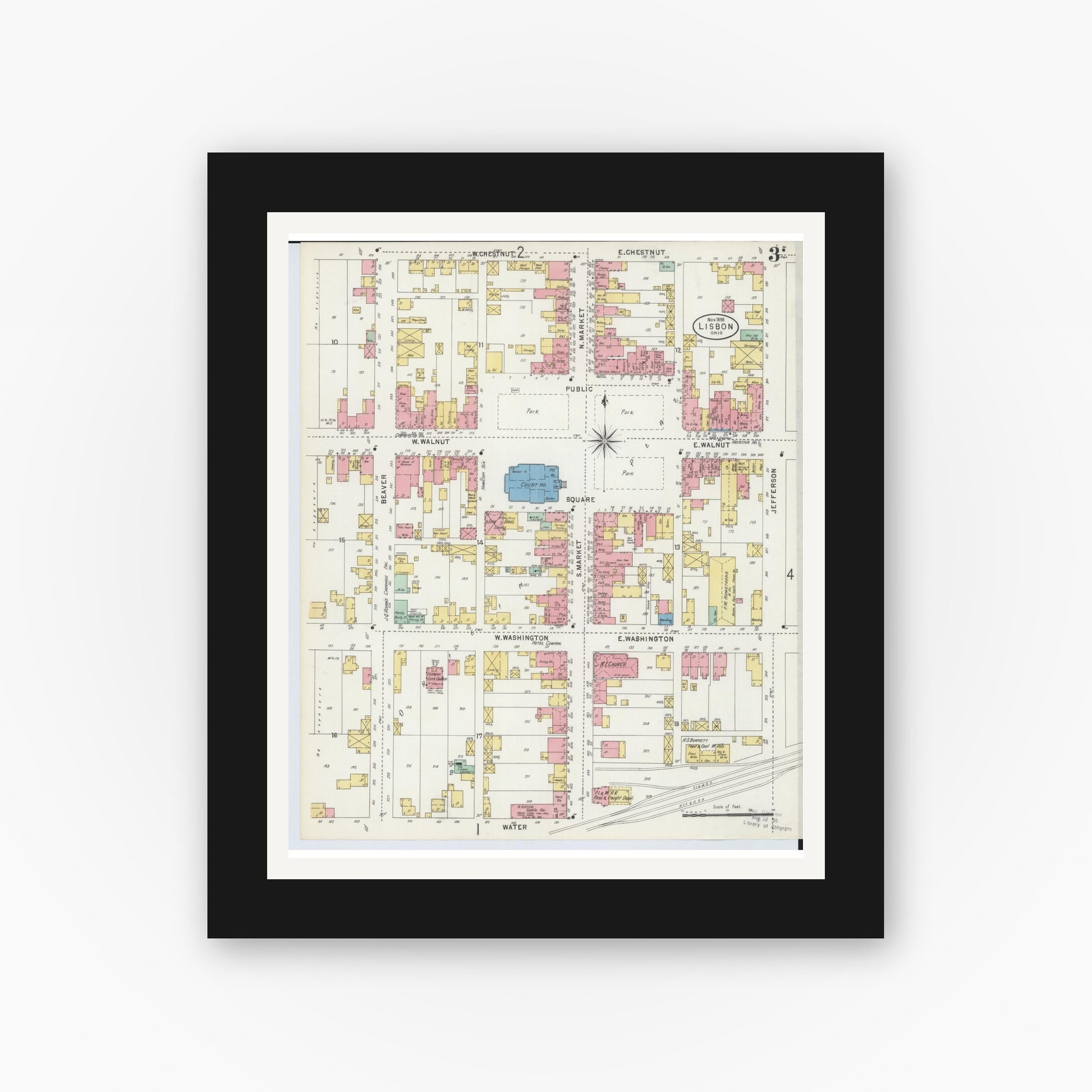 Old map wall art mockup — black gallery frame with white mat — Sanborn Fire Insurance Map from Lisbon, Columbiana County, Ohio (1898), Sheet #0003