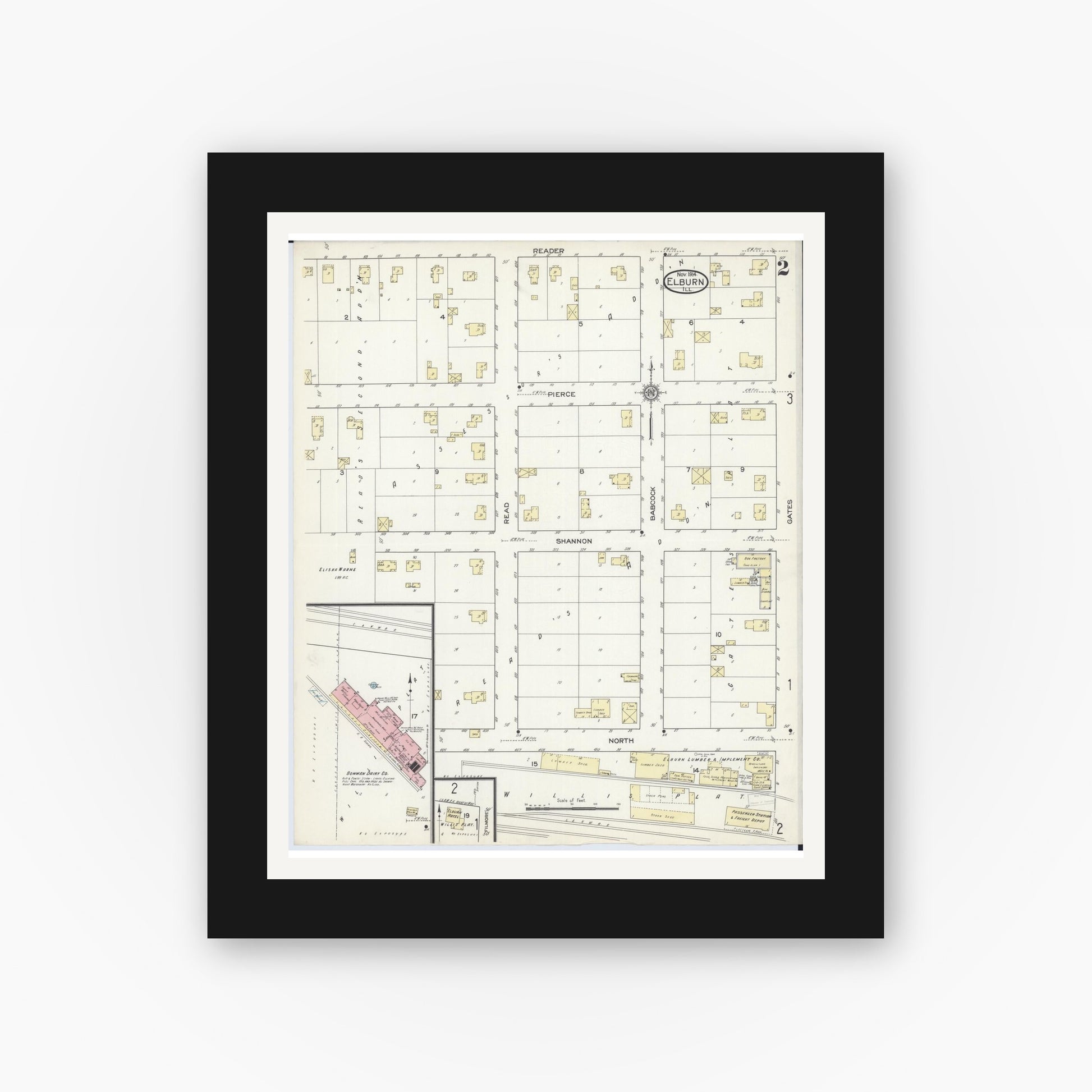 Old map wall art mockup — black gallery frame with white mat — Sanborn Fire Insurance Map from Elburn, Kane County, Illinois (1914), Sheet #0002