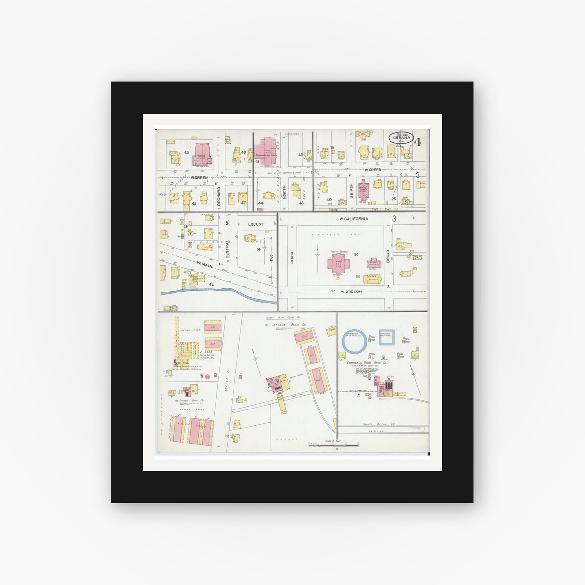 Old map wall art mockup — black gallery frame with white mat — Sanborn Fire Insurance Map from Urbana, Champaign County, Illinois (1902), Sheet #0004