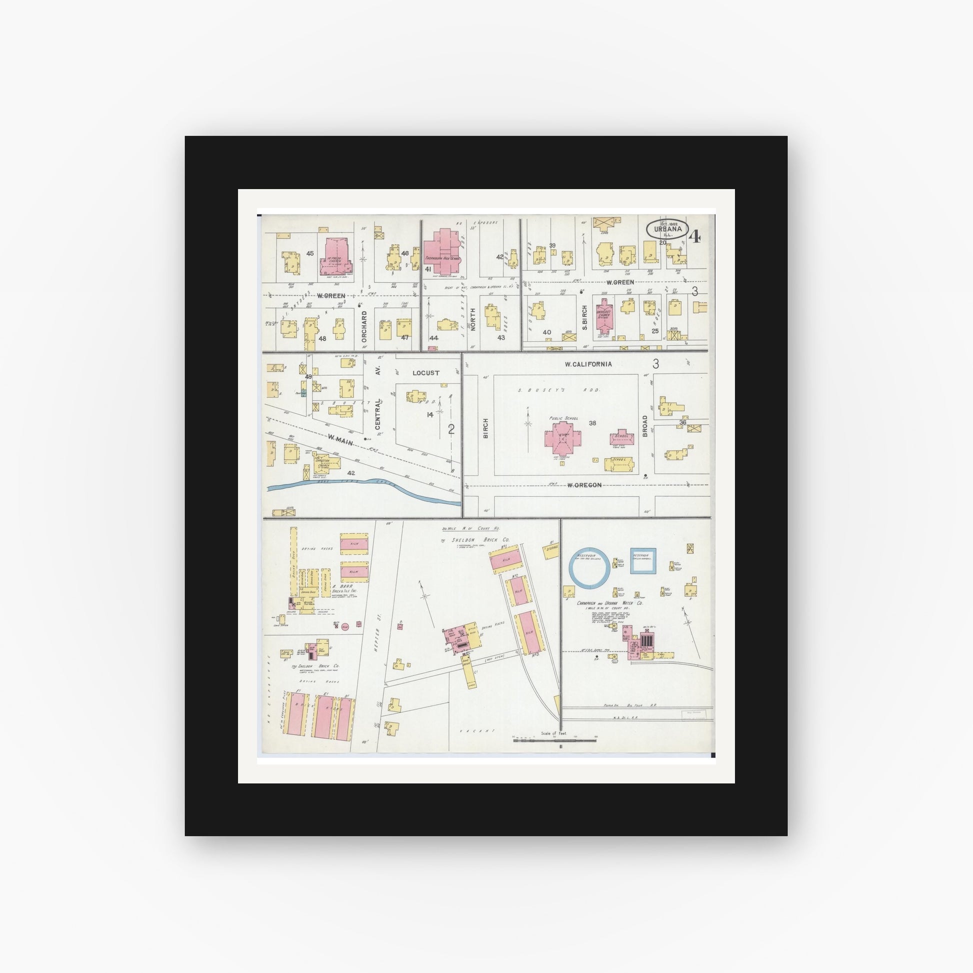 Old map wall art mockup — black gallery frame with white mat — Sanborn Fire Insurance Map from Urbana, Champaign County, Illinois (1902), Sheet #0004