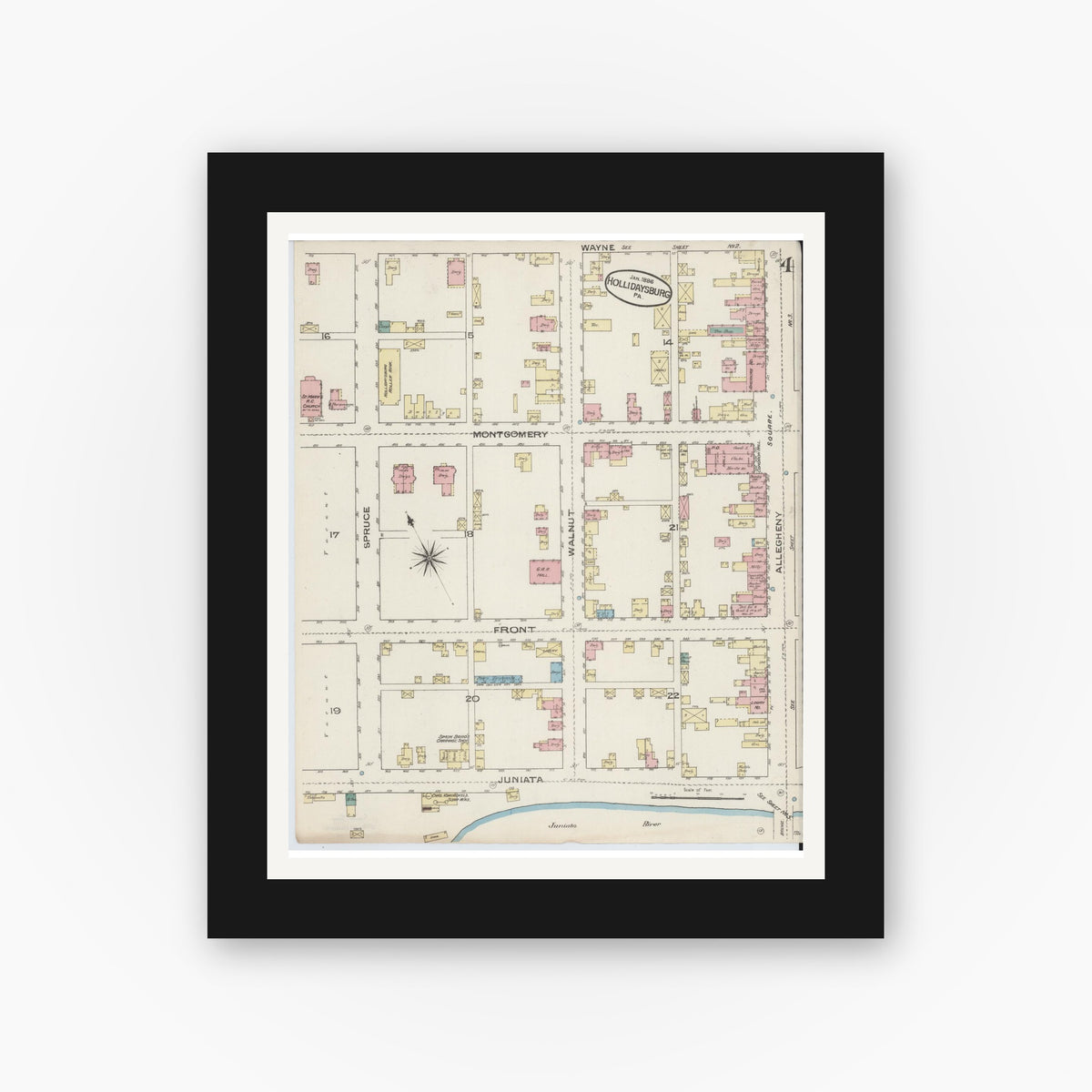 Old map wall art mockup — black gallery frame with white mat — Sanborn Fire Insurance Map from Hollidaysburg, Blair County, Pennsylvania (1886), Sheet #0004