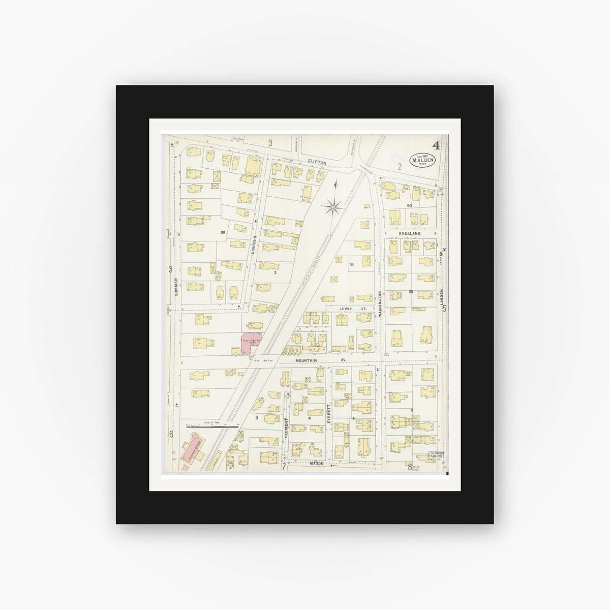 Old map wall art mockup — black gallery frame with white mat — Sanborn Fire Insurance Map from Malden, Middlesex County, Massachusetts (1897), Sheet #0004