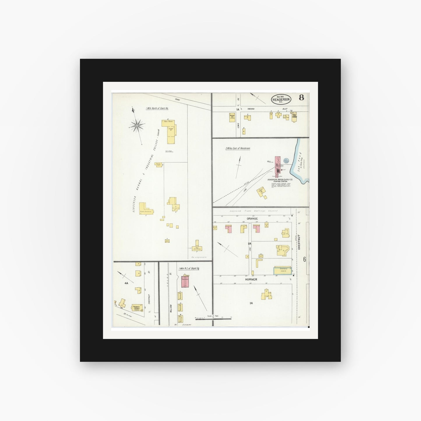Old map wall art mockup — black gallery frame with white mat — Sanborn Fire Insurance Map from Henderson, Vance County, North Carolina (1901), Sheet #0008