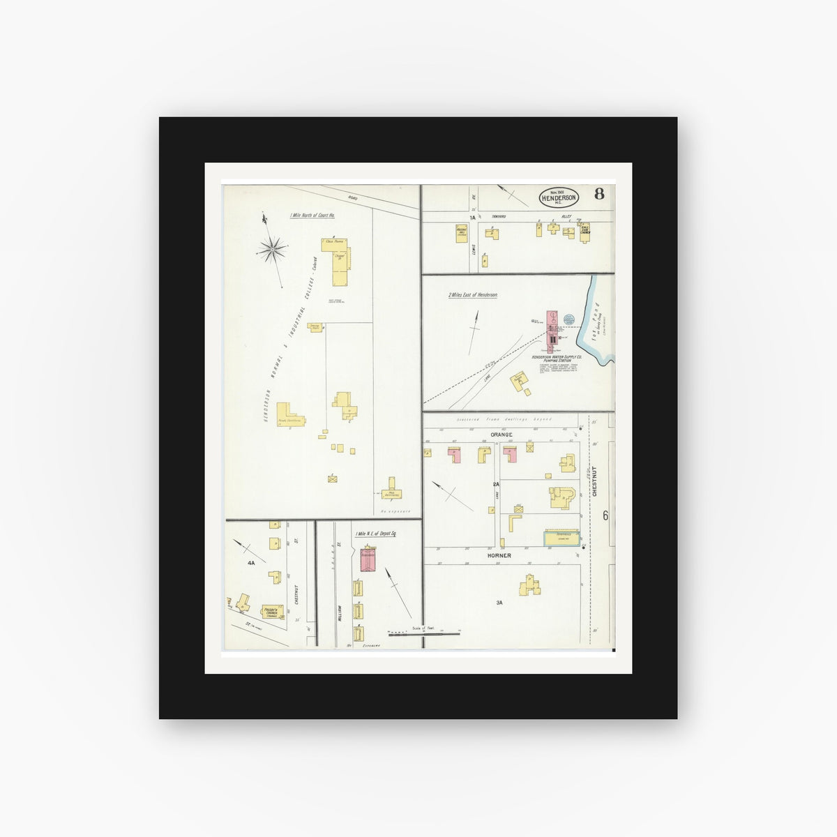 Old map wall art mockup — black gallery frame with white mat — Sanborn Fire Insurance Map from Henderson, Vance County, North Carolina (1901), Sheet #0008