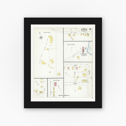 Old map wall art mockup — black gallery frame with white mat — Sanborn Fire Insurance Map from Henderson, Vance County, North Carolina (1901), Sheet #0008