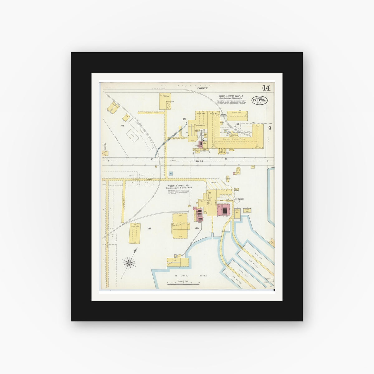 Old map wall art mockup — black gallery frame with white mat — Sanborn Fire Insurance Map from Palatka, Putnam County, Florida (1903), Sheet #0014