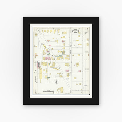 Old map wall art mockup — black gallery frame with white mat — Sanborn Fire Insurance Map from Merchantville, Camden County, New Jersey (1908), Sheet #0009