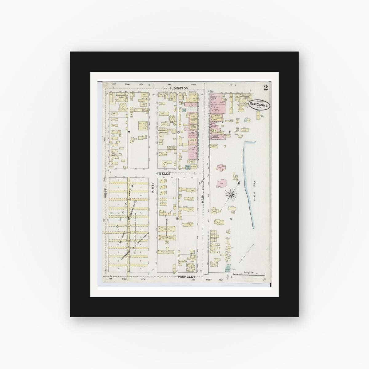Old map wall art mockup — black gallery frame with white mat — Sanborn Fire Insurance Map from Menominee, Menominee County, Michigan (1887), Sheet #0002