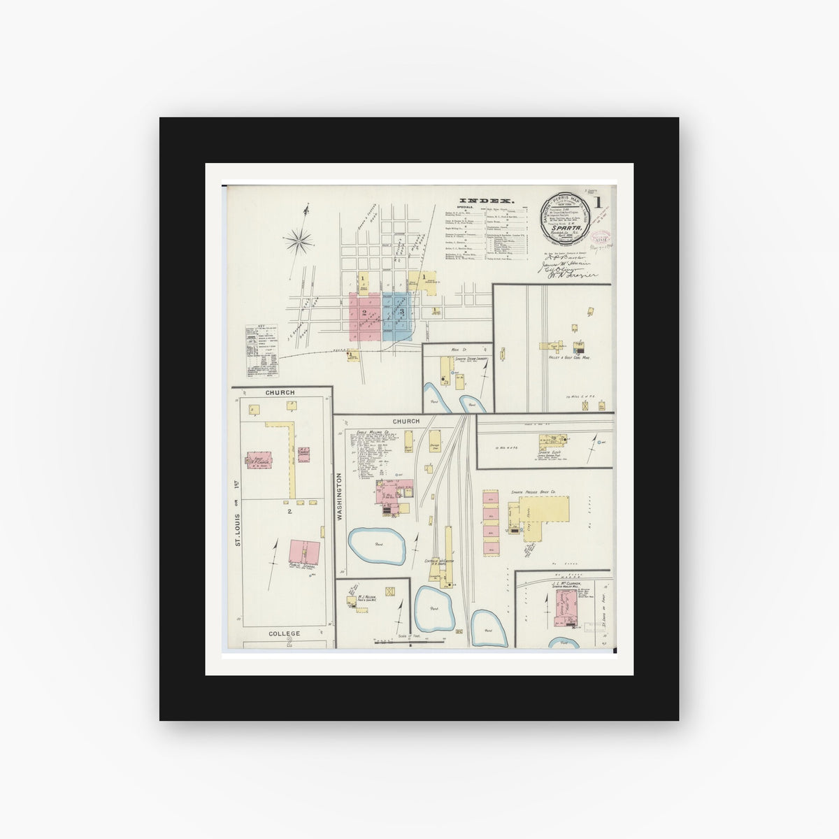 Old map wall art mockup — black gallery frame with white mat — Sanborn Fire Insurance Map from Sparta, Randolph County, Illinois (1894) - Complete Map Set