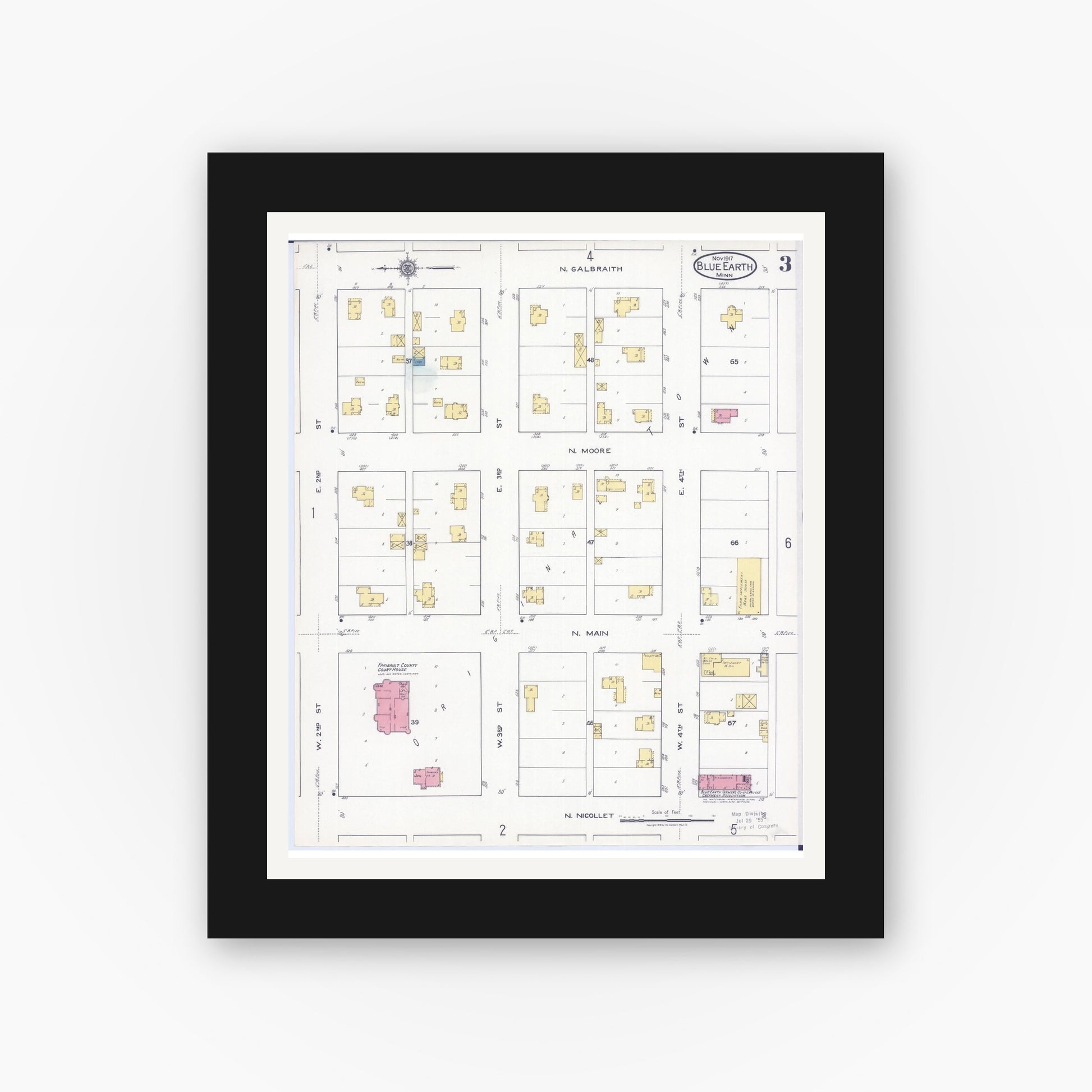 Old map wall art mockup — black gallery frame with white mat — Sanborn Fire Insurance Map from Blue Earth, Faribault County, Minnesota (1917), Sheet #0003