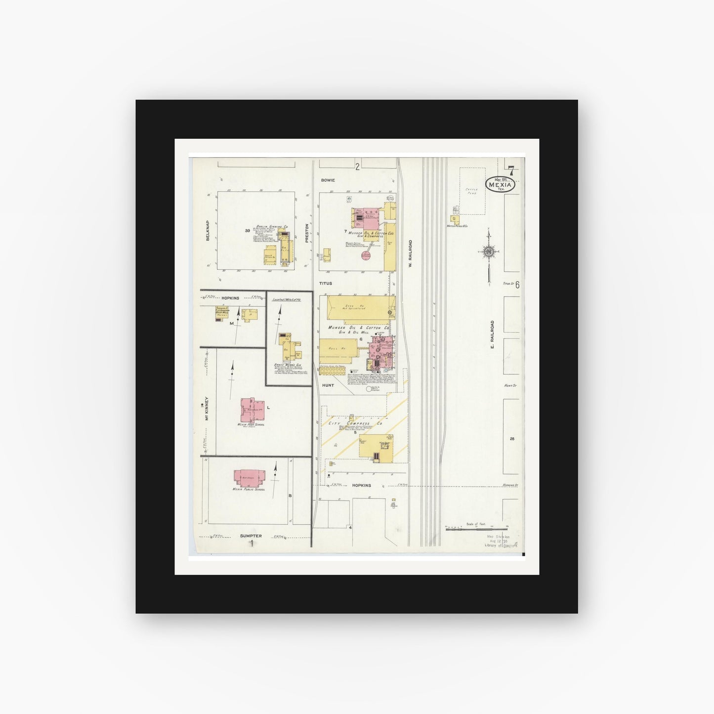 Old map wall art mockup — black gallery frame with white mat — Sanborn Fire Insurance Map from Mexia, Limestone County, Texas (1911), Sheet #0007