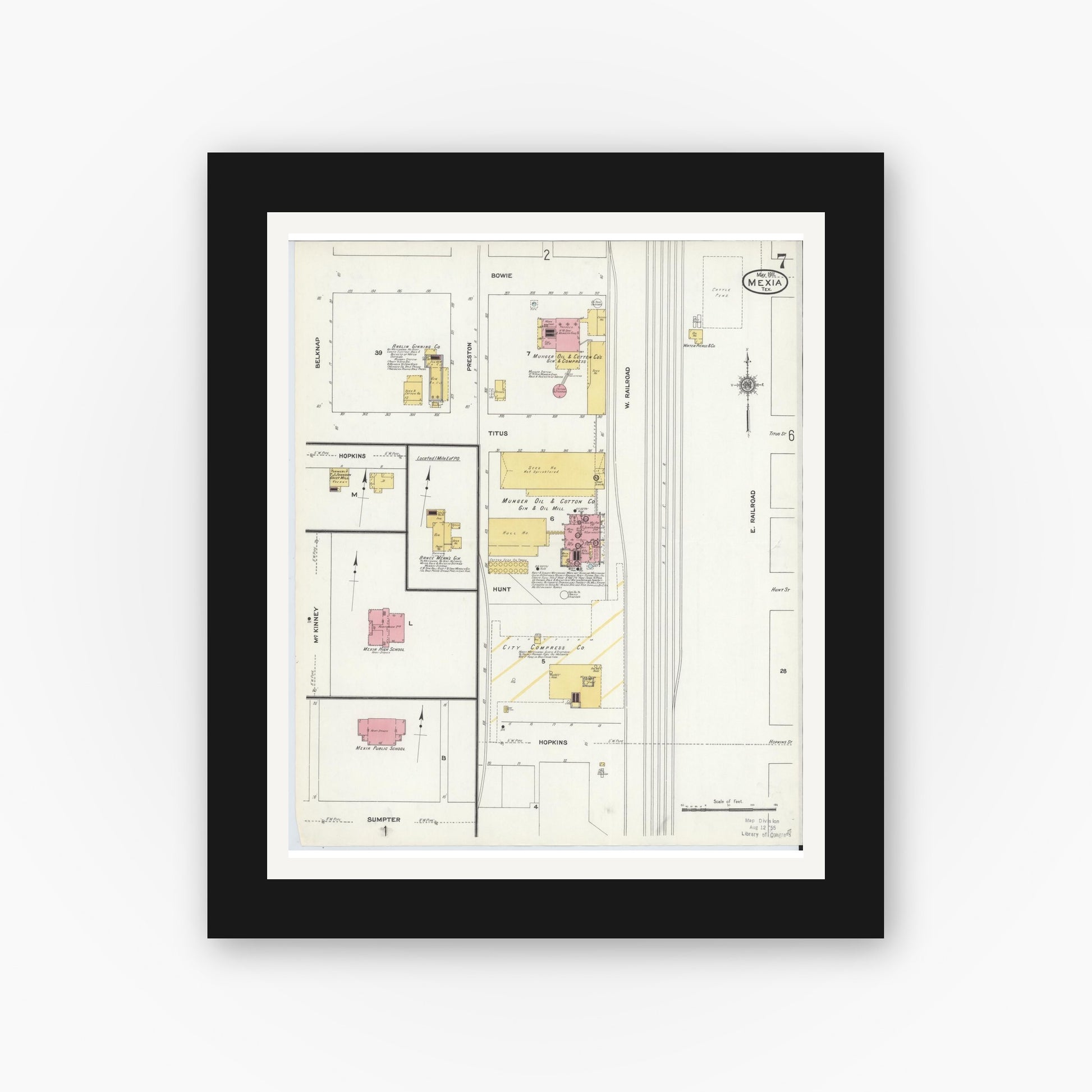 Old map wall art mockup — black gallery frame with white mat — Sanborn Fire Insurance Map from Mexia, Limestone County, Texas (1911), Sheet #0007