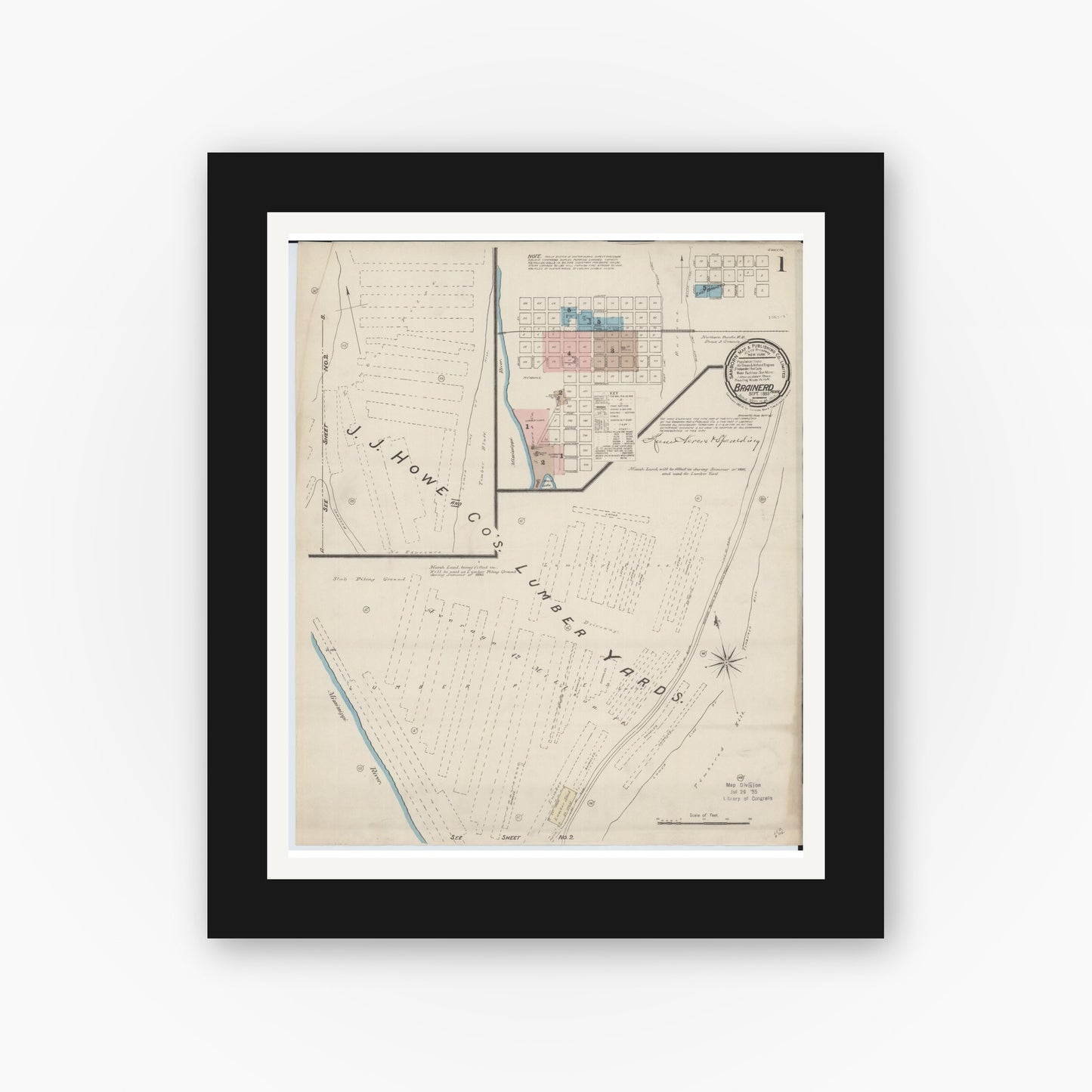 Old map wall art mockup — black gallery frame with white mat — Sanborn Fire Insurance Map from Brainerd, Crow Wing County, Minnesota (1885) - Complete Map Set