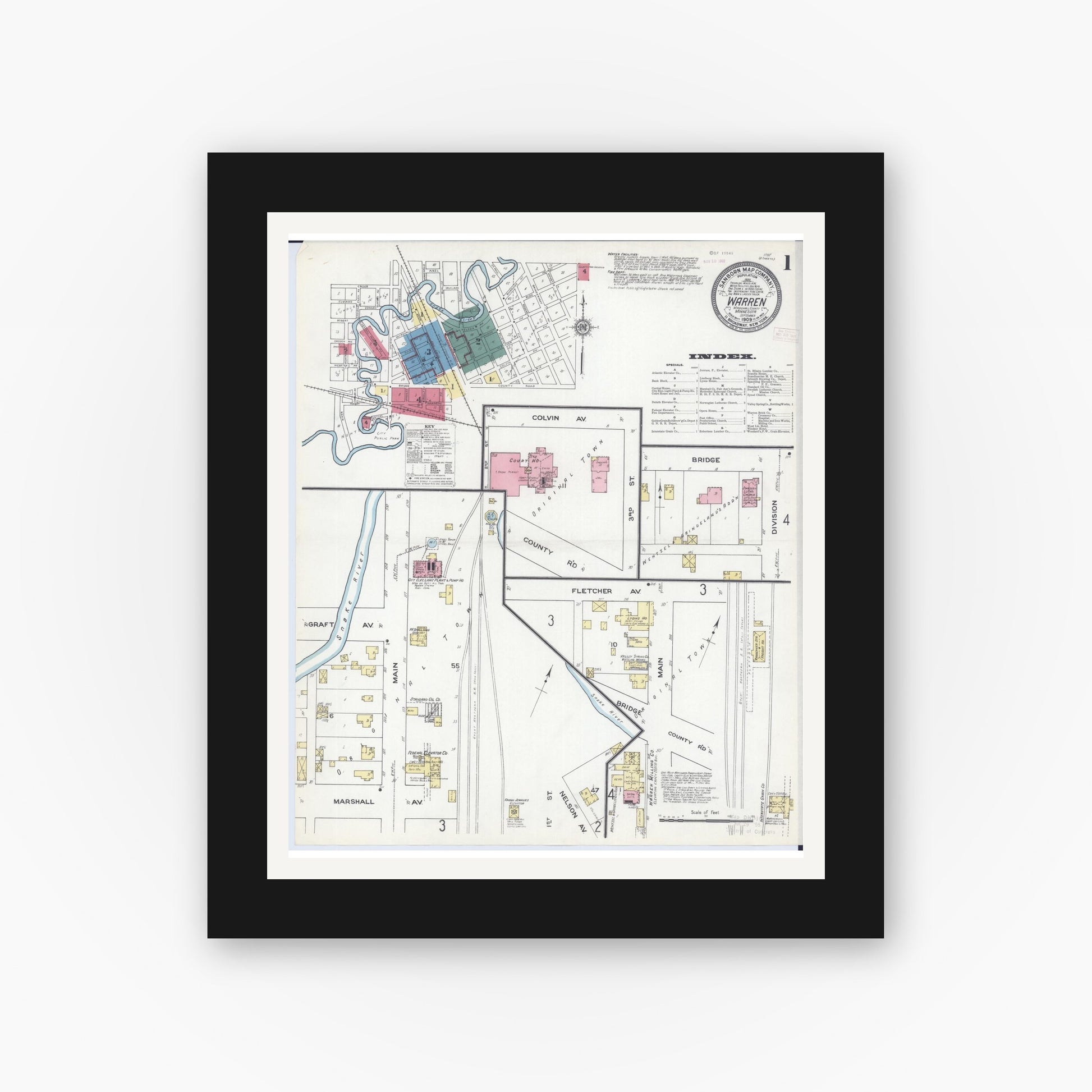 Old map wall art mockup — black gallery frame with white mat — Sanborn Fire Insurance Map from Warren, Marshall County, Minnesota (1909) - Complete Map Set