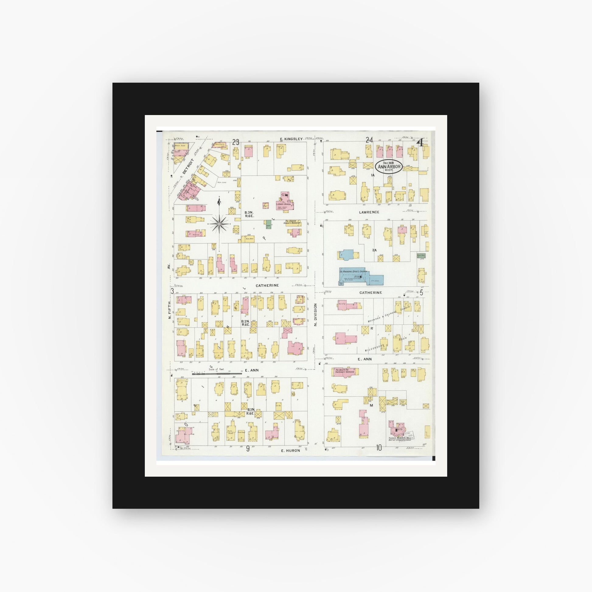 Old map wall art mockup — black gallery frame with white mat — Sanborn Fire Insurance Map from Ann Arbor, Washtenaw County, Michigan (1908), Sheet #0004