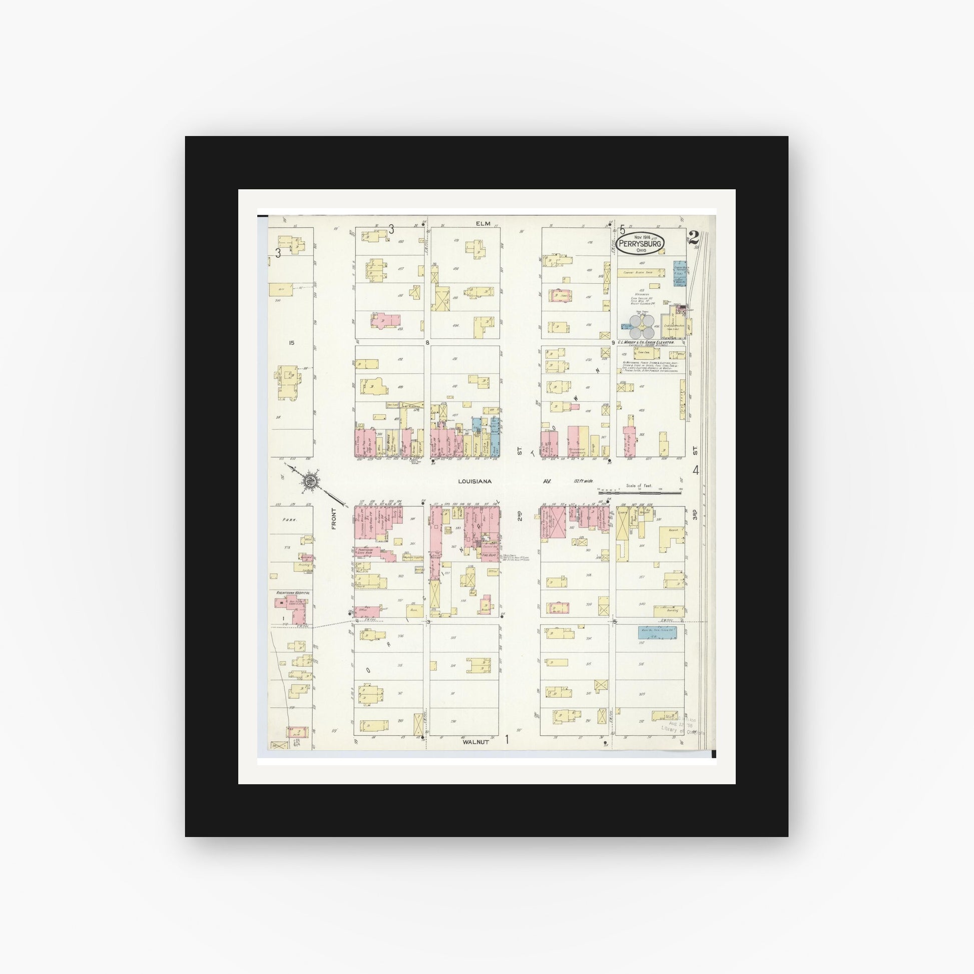 Old map wall art mockup — black gallery frame with white mat — Sanborn Fire Insurance Map from Perrysburg, Wood County, Ohio (1914), Sheet #0002