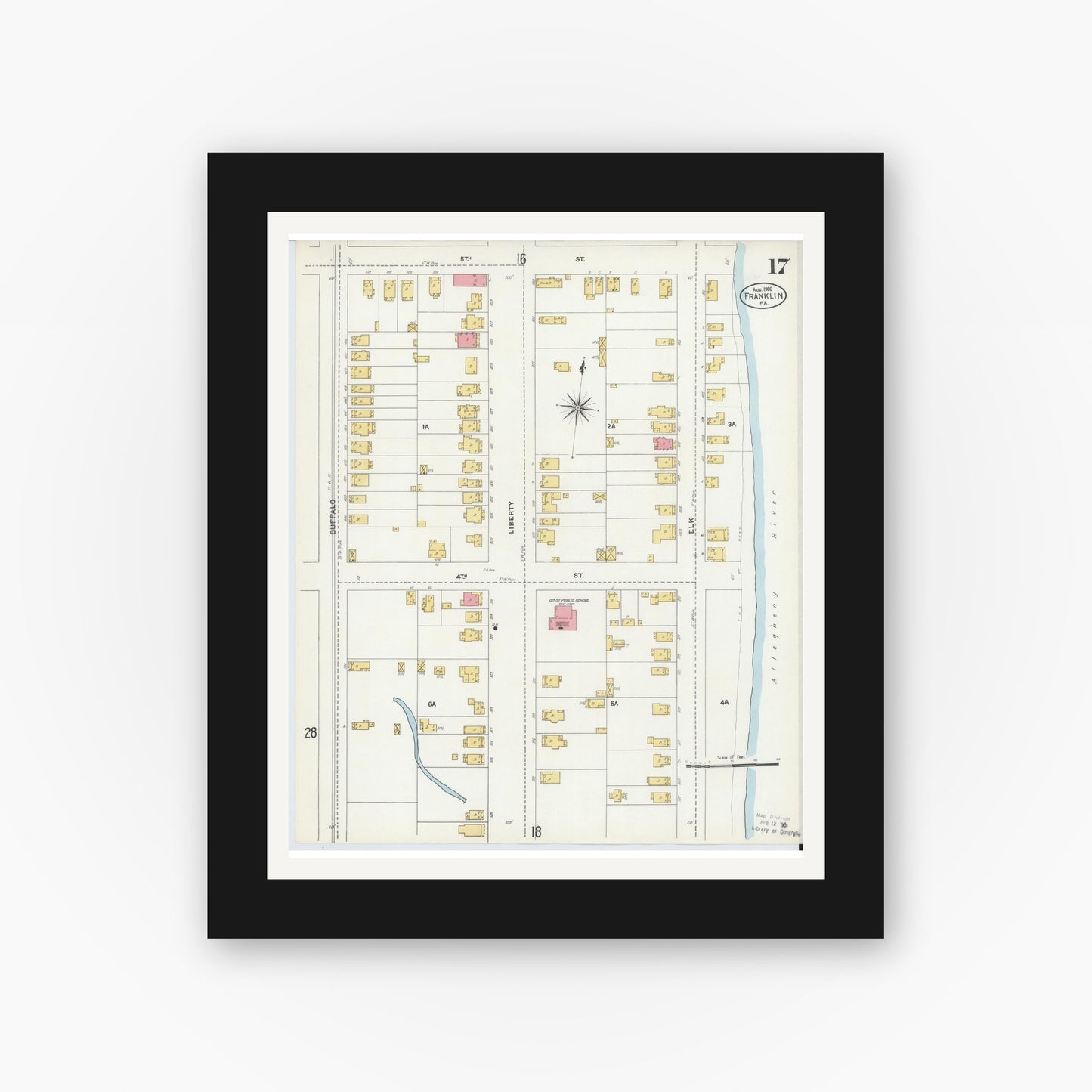 Old map wall art mockup — black gallery frame with white mat — Sanborn Fire Insurance Map from Franklin, Venango County, Pennsylvania (1906), Sheet #0017