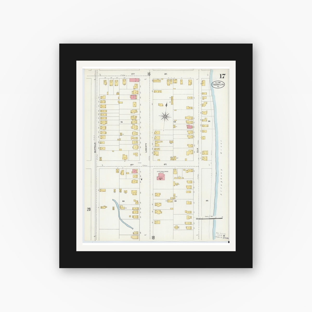 Old map wall art mockup — black gallery frame with white mat — Sanborn Fire Insurance Map from Franklin, Venango County, Pennsylvania (1906), Sheet #0017
