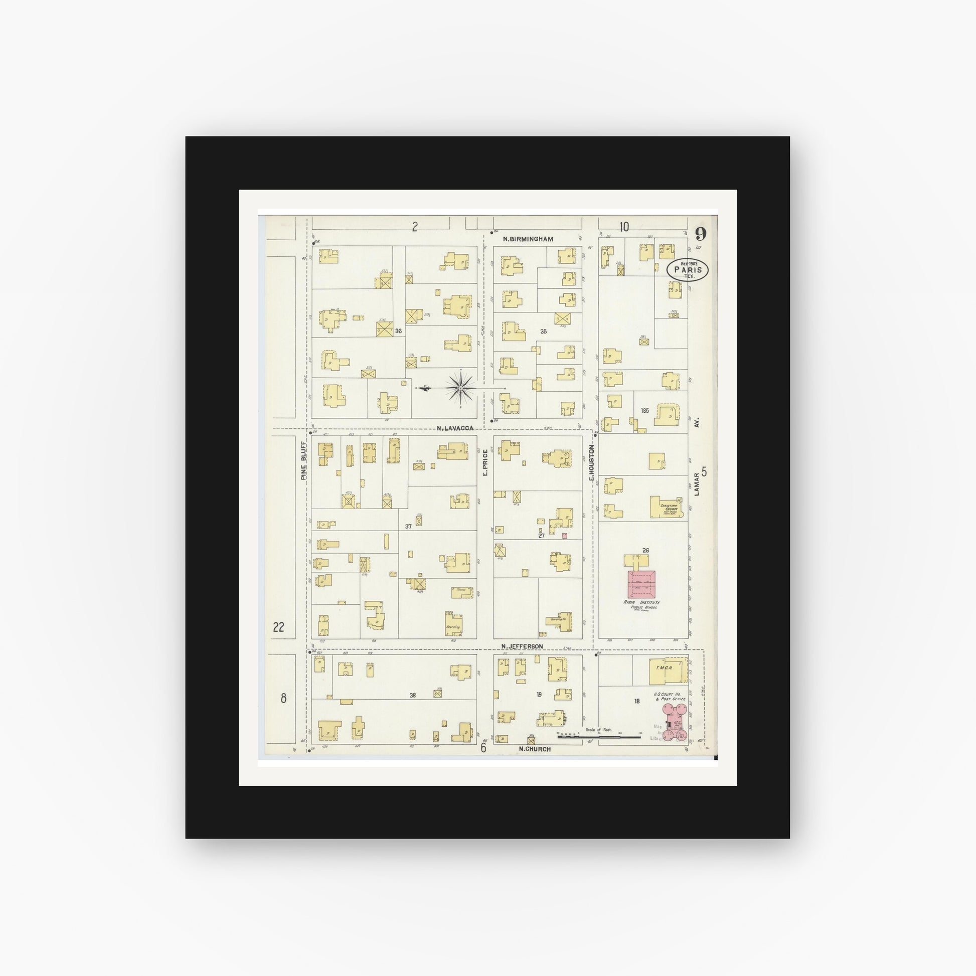 Old map wall art mockup — black gallery frame with white mat — Sanborn Fire Insurance Map from Paris, Lamar County, Texas (1902), Sheet #0009