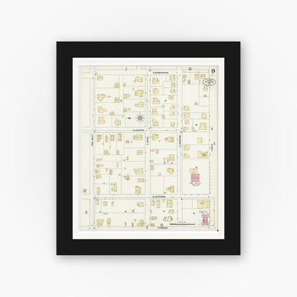 Old map wall art mockup — black gallery frame with white mat — Sanborn Fire Insurance Map from Paris, Lamar County, Texas (1902), Sheet #0009