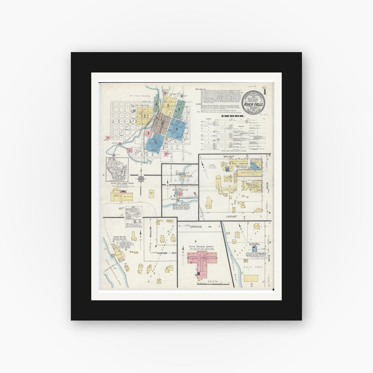 Old map wall art mockup — black gallery frame with white mat — Sanborn Fire Insurance Map from River Falls, St. Croix and Pierce Counties, Wisconsin (1912) - Complete Map Set