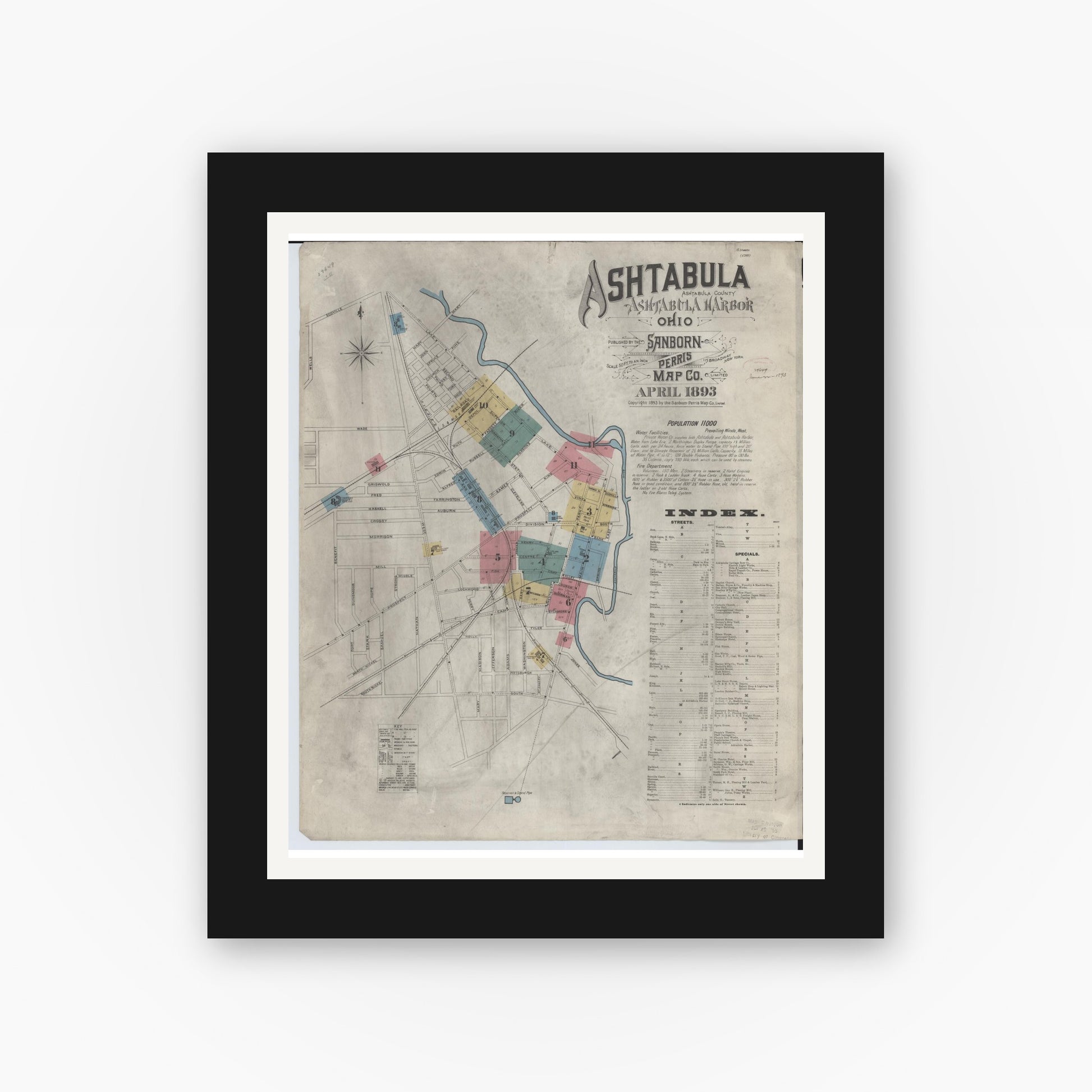 Old map wall art mockup — black gallery frame with white mat — Sanborn Fire Insurance Map from Ashtabula, Ashtabula County, Ohio (1893) - Complete Map Set