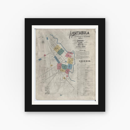 Old map wall art mockup — black gallery frame with white mat — Sanborn Fire Insurance Map from Ashtabula, Ashtabula County, Ohio (1893) - Complete Map Set