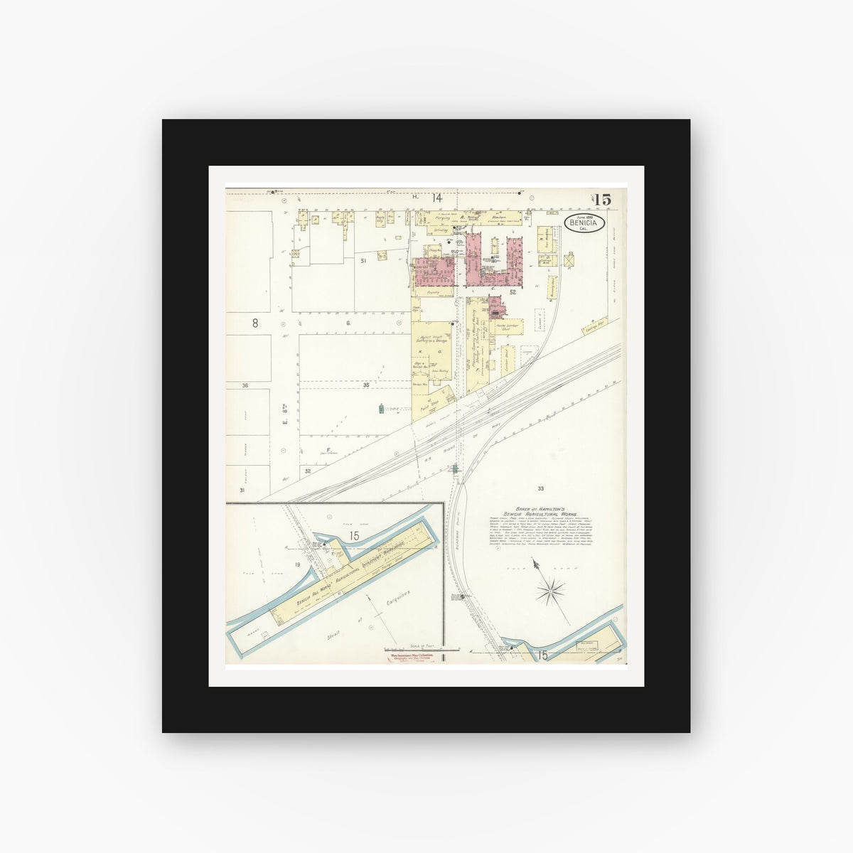 Old map wall art mockup — black gallery frame with white mat — Sanborn Fire Insurance Map from Benicia, Solano County, California (1899), Sheet #0015