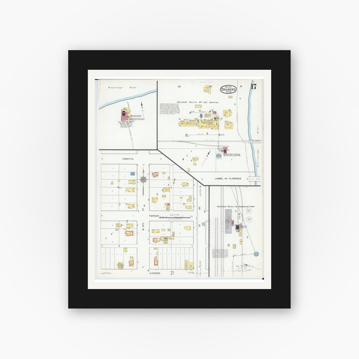 Old map wall art mockup — black gallery frame with white mat — Sanborn Fire Insurance Map from Brainerd, Crow Wing County, Minnesota (1917), Sheet #0017