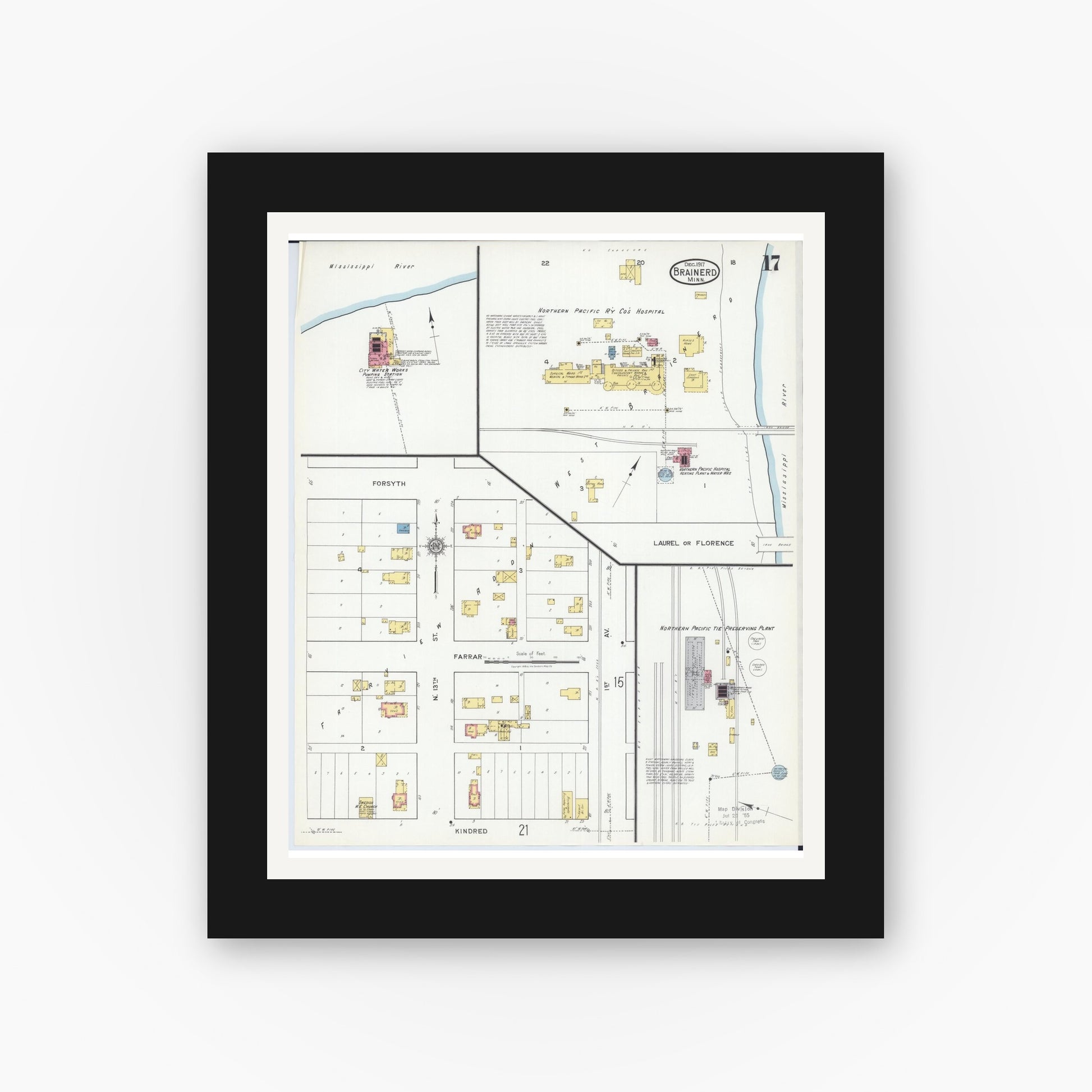 Old map wall art mockup — black gallery frame with white mat — Sanborn Fire Insurance Map from Brainerd, Crow Wing County, Minnesota (1917), Sheet #0017
