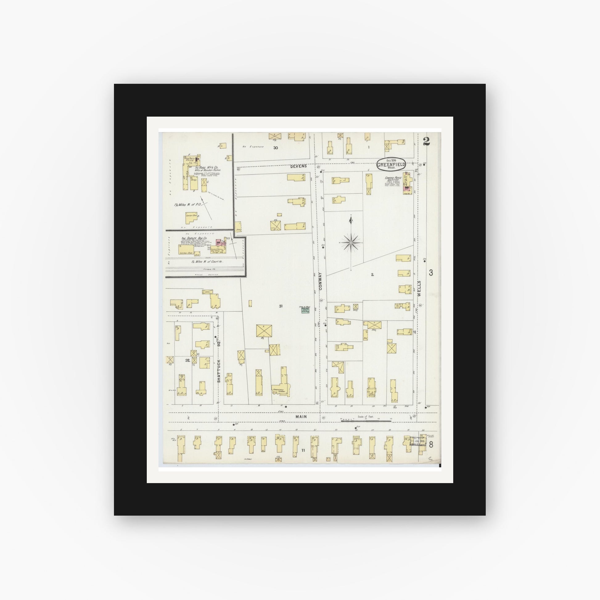 Old map wall art mockup — black gallery frame with white mat — Sanborn Fire Insurance Map from Greenfield, Franklin County, Massachusetts (1896), Sheet #0002