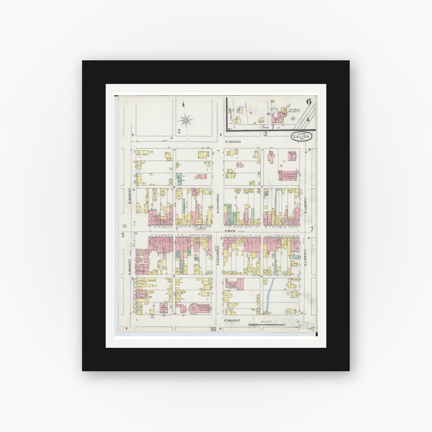 Old map wall art mockup — black gallery frame with white mat — Sanborn Fire Insurance Map from Galion, Crawford County, Ohio (1897), Sheet #0006
