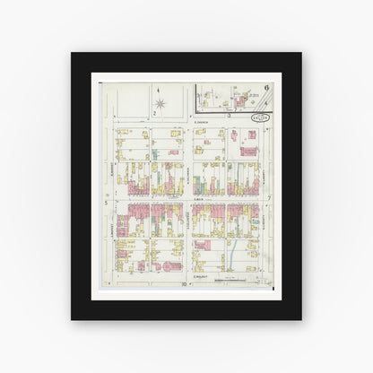 Old map wall art mockup — black gallery frame with white mat — Sanborn Fire Insurance Map from Galion, Crawford County, Ohio (1897), Sheet #0006