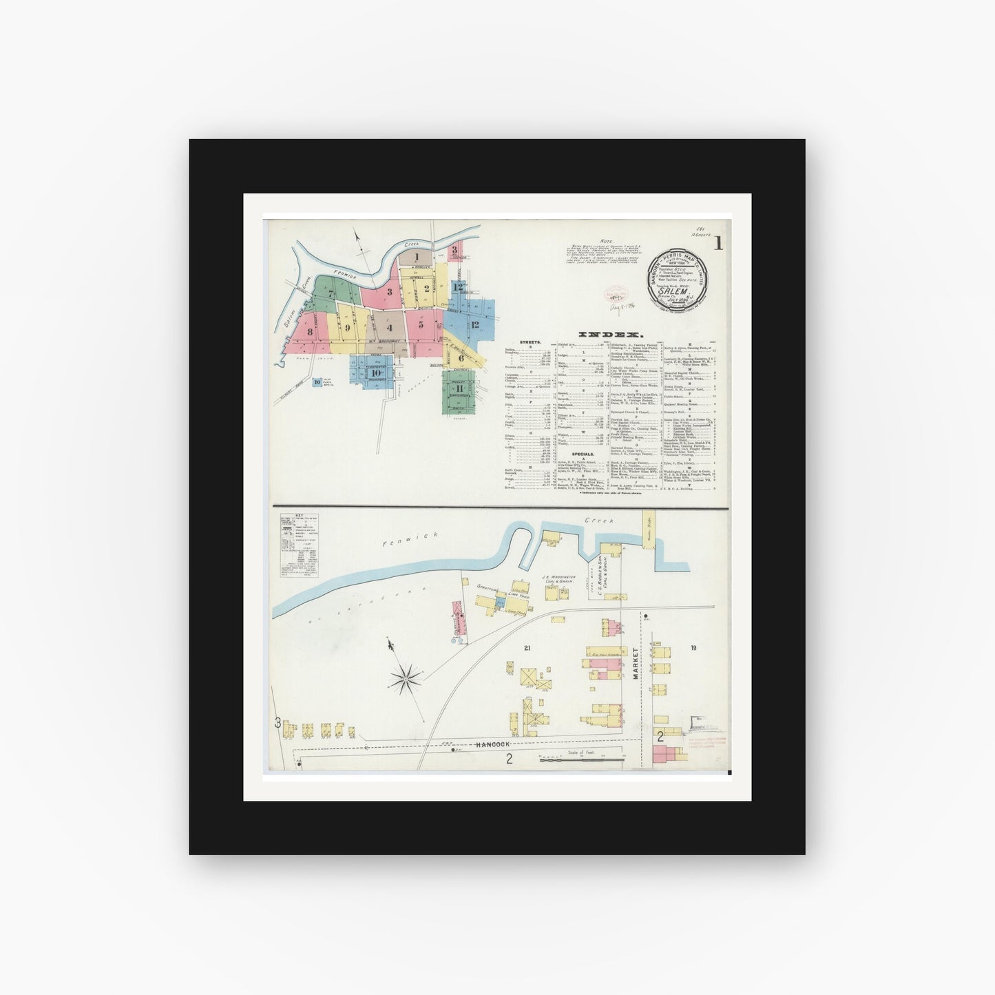 Old map wall art mockup — black gallery frame with white mat — Sanborn Fire Insurance Map from Salem, Salem County, New Jersey (1896) - Complete Map Set