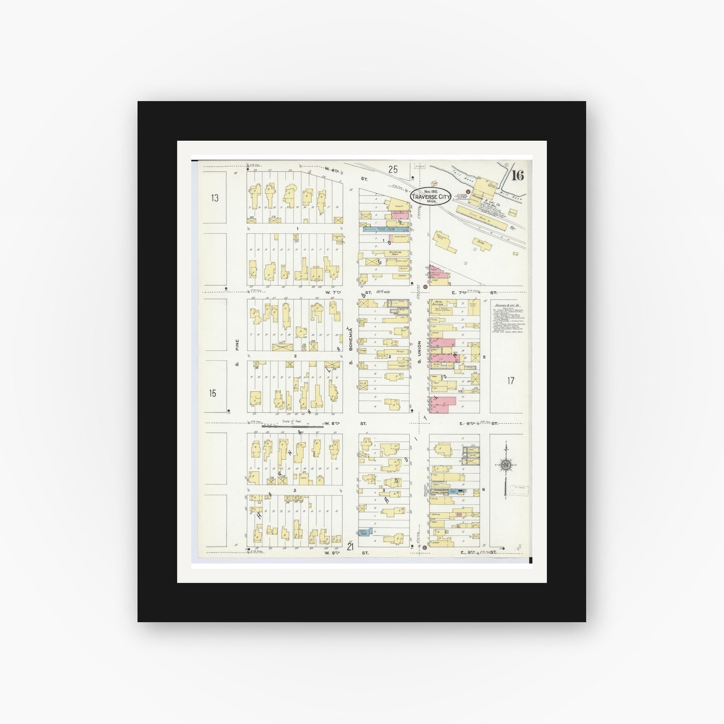 Old map wall art mockup — black gallery frame with white mat — Sanborn Fire Insurance Map from Traverse City, Grand Traverse County, Michigan (1910), Sheet #0016