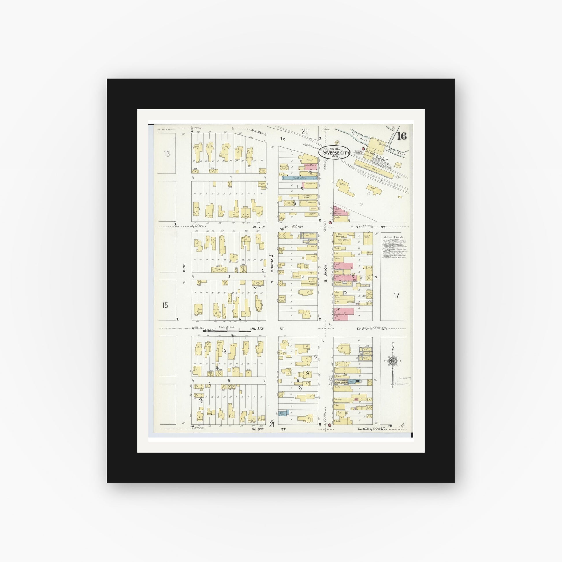 Old map wall art mockup — black gallery frame with white mat — Sanborn Fire Insurance Map from Traverse City, Grand Traverse County, Michigan (1910), Sheet #0016