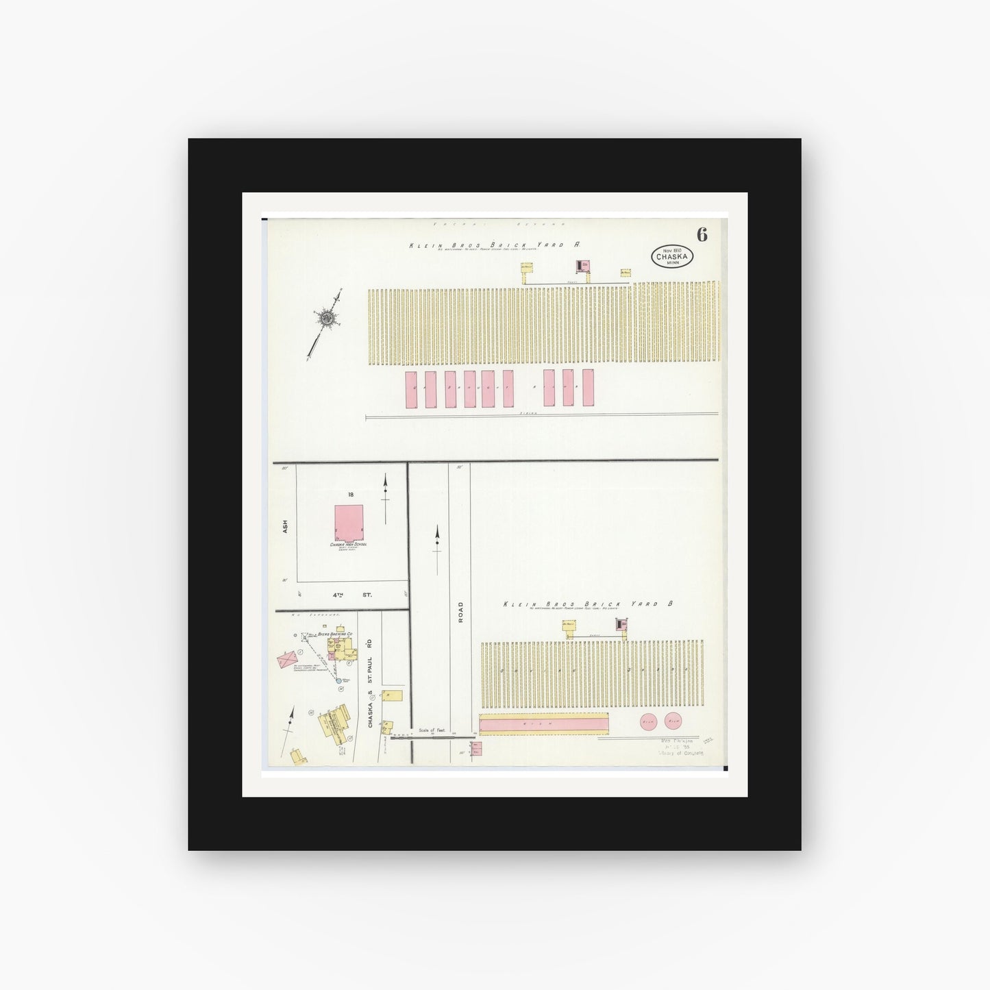 Old map wall art mockup — black gallery frame with white mat — Sanborn Fire Insurance Map from Chaska, Carver County, Minnesota (1910), Sheet #0006
