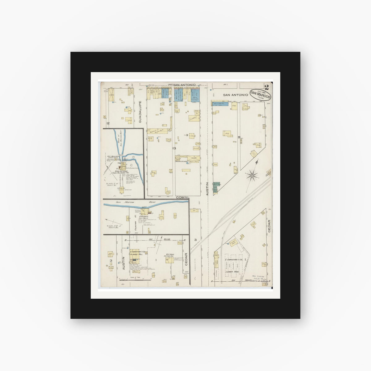 Old map wall art mockup — black gallery frame with white mat — Sanborn Fire Insurance Map from San Marcos, Hays County, Texas (1885), Sheet #0002