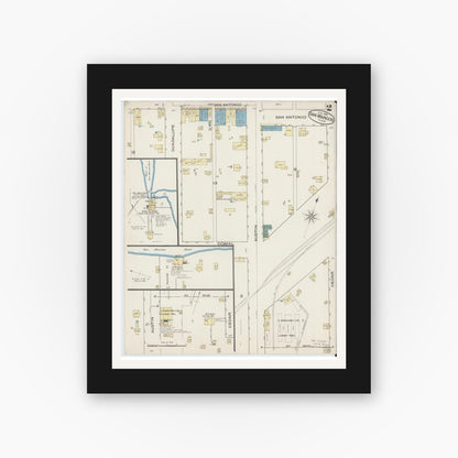 Old map wall art mockup — black gallery frame with white mat — Sanborn Fire Insurance Map from San Marcos, Hays County, Texas (1885), Sheet #0002