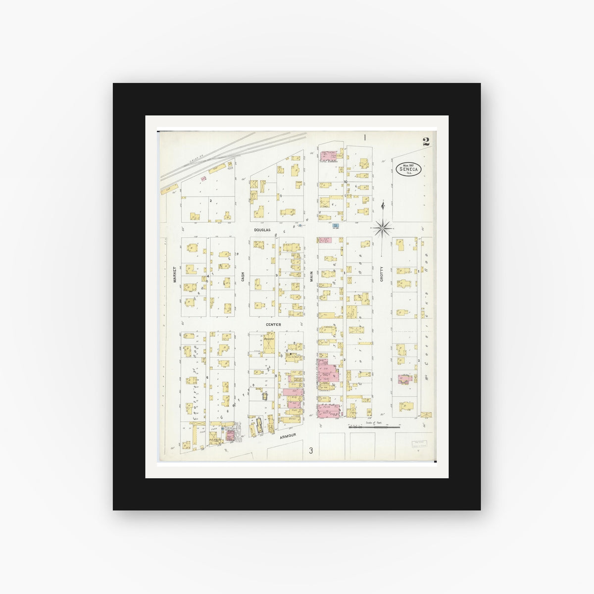 Old map wall art mockup — black gallery frame with white mat — Sanborn Fire Insurance Map from Seneca, La Salle County, Illinois (1907), Sheet #0002