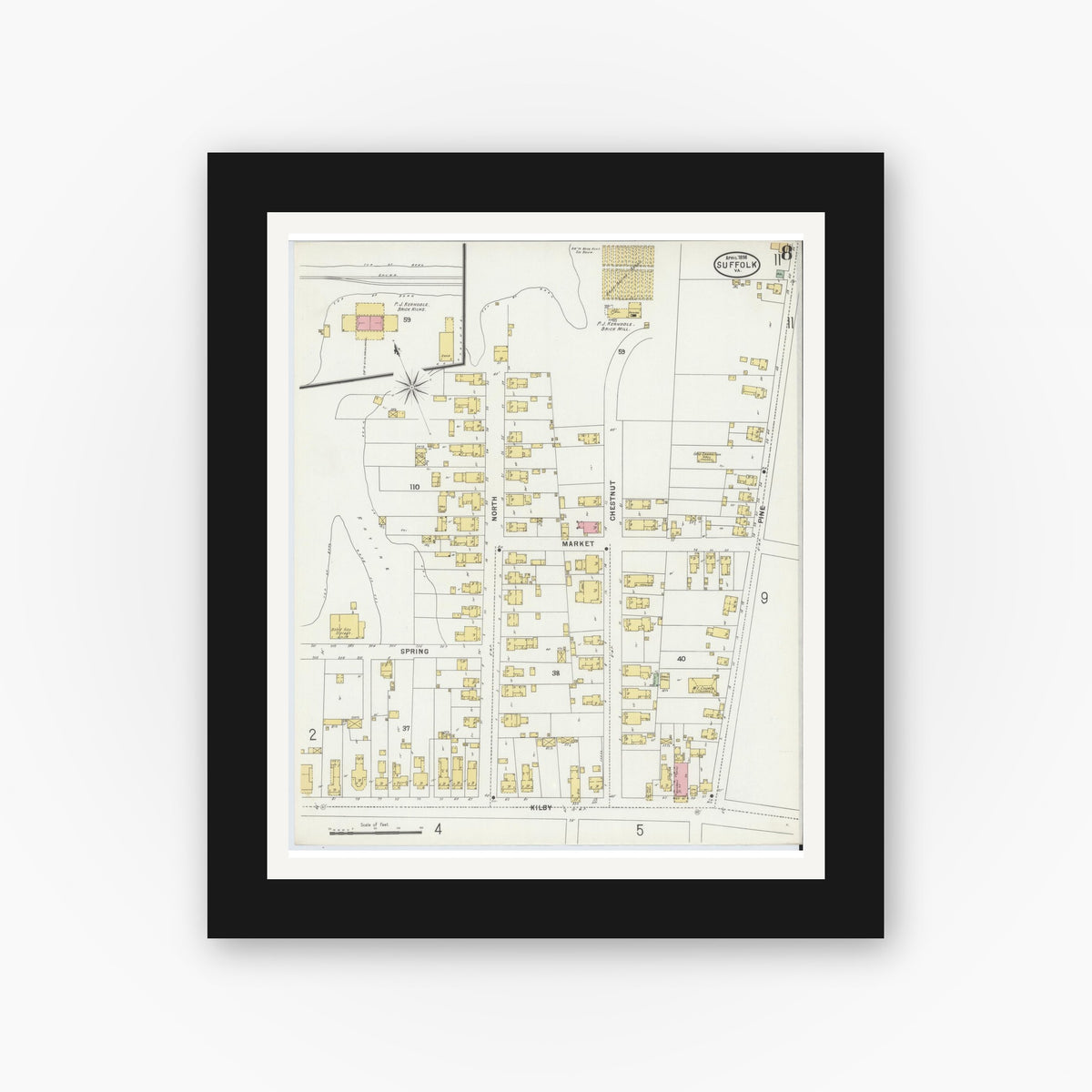 Old map wall art mockup — black gallery frame with white mat — Sanborn Fire Insurance Map from Suffolk, Independent Cities, Virginia (1898), Sheet #0008