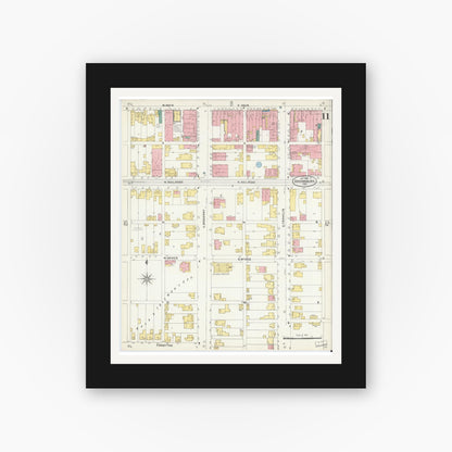 Old map wall art mockup — black gallery frame with white mat — Sanborn Fire Insurance Map from Greensburg, Decatur County, Indiana (1906), Sheet #0011