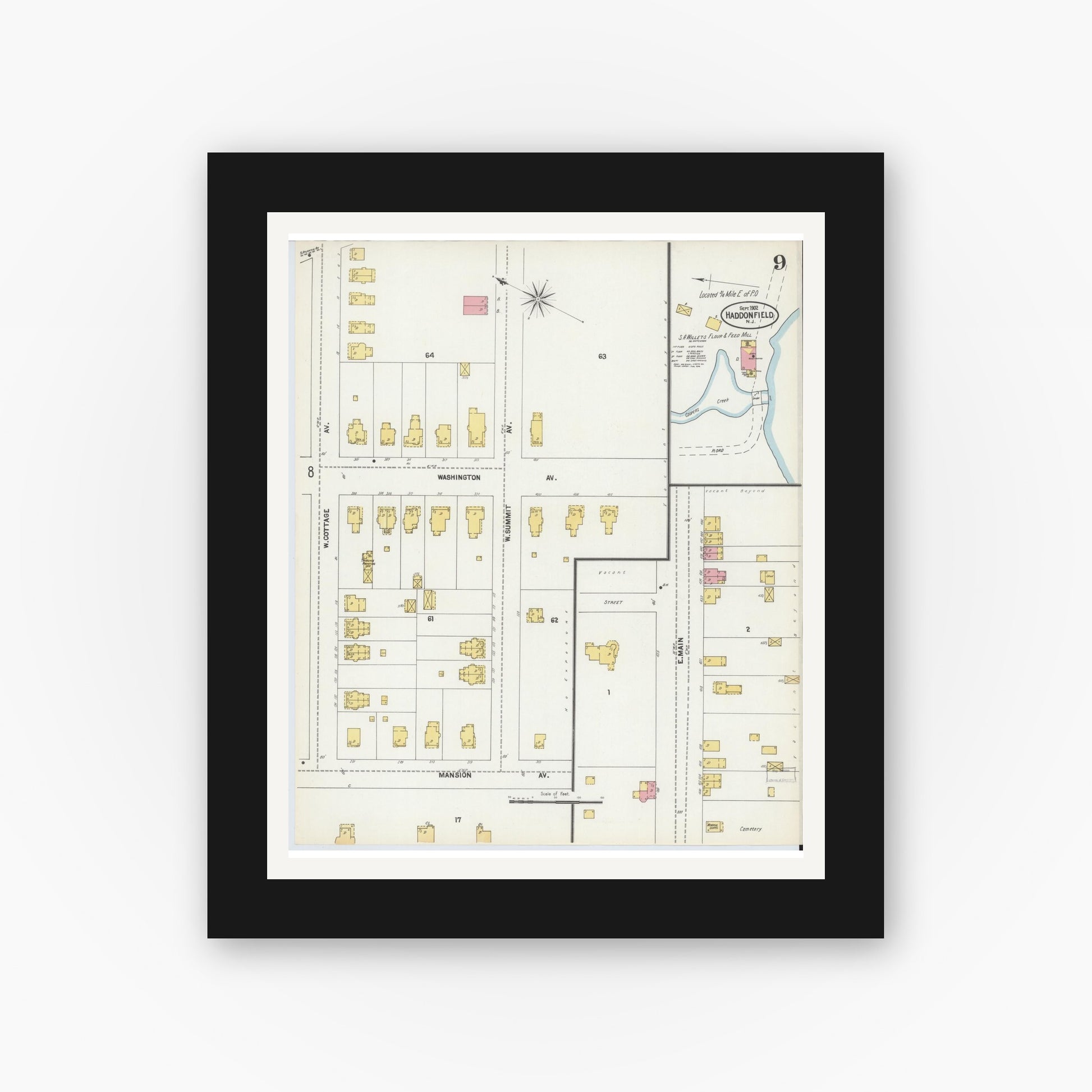 Old map wall art mockup — black gallery frame with white mat — Sanborn Fire Insurance Map from Haddonfield, Camden County, New Jersey (1902), Sheet #0009