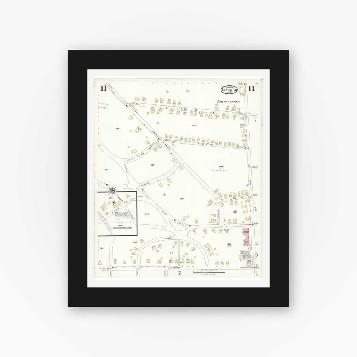 Old map wall art mockup — black gallery frame with white mat — Sanborn Fire Insurance Map from Lexington, Davidson County, North Carolina (1923), Sheet #0011