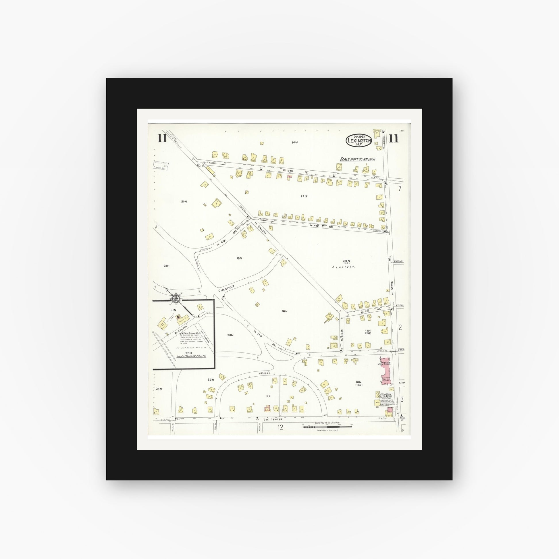 Old map wall art mockup — black gallery frame with white mat — Sanborn Fire Insurance Map from Lexington, Davidson County, North Carolina (1923), Sheet #0011